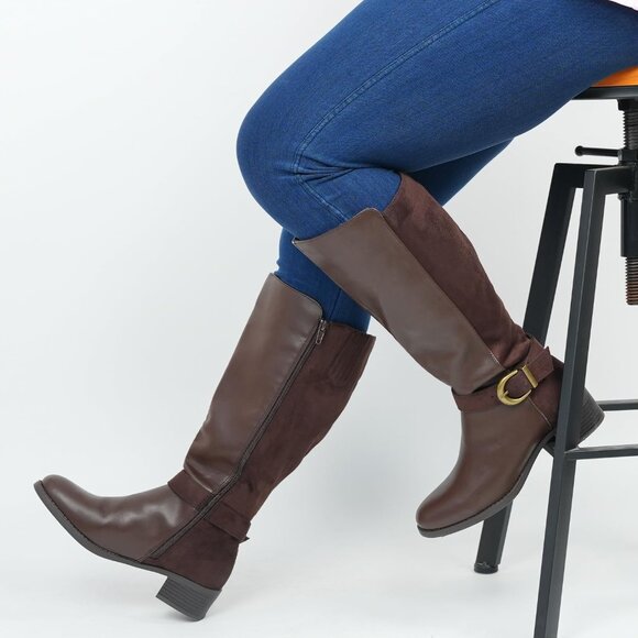 Women's Extra Wide Calf Pull On Side Zipper Zip Closure Knee High Brown Boots - Picture 4 of 6